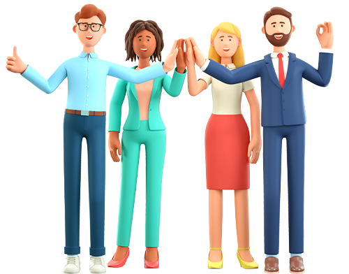 Four animated characters, dressed in business attire, stand together with raised hands, smiling and expressing positivity on a white background.